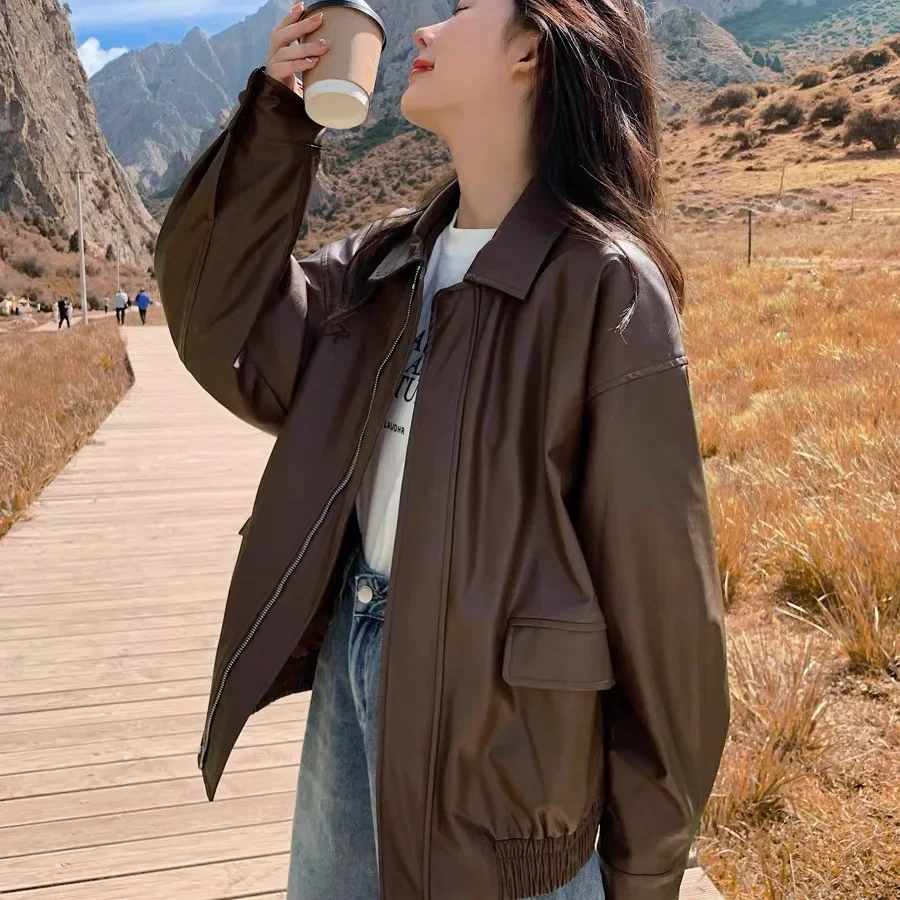 Vintage Brown Leather Women's Cropped Jacket 2024 Spring Autumn Petite Korean Style Loose Fit Biker Jacket Fashionable Cool