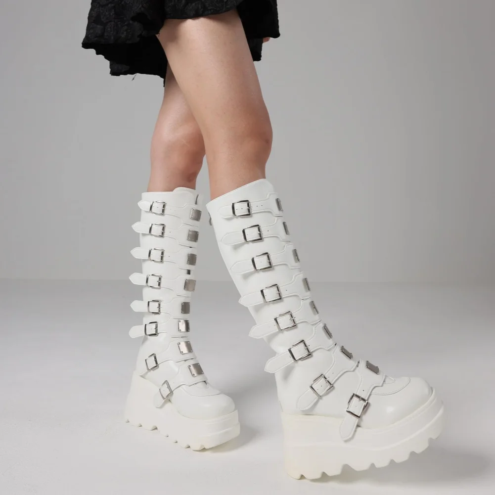 GIGIFOX القوطي مشبك معدني القتالية منتصف العجل أحذية للنساء جولة تو منصة مكتنزة عالية أسافين كول موضة دراجة نارية الأحذية