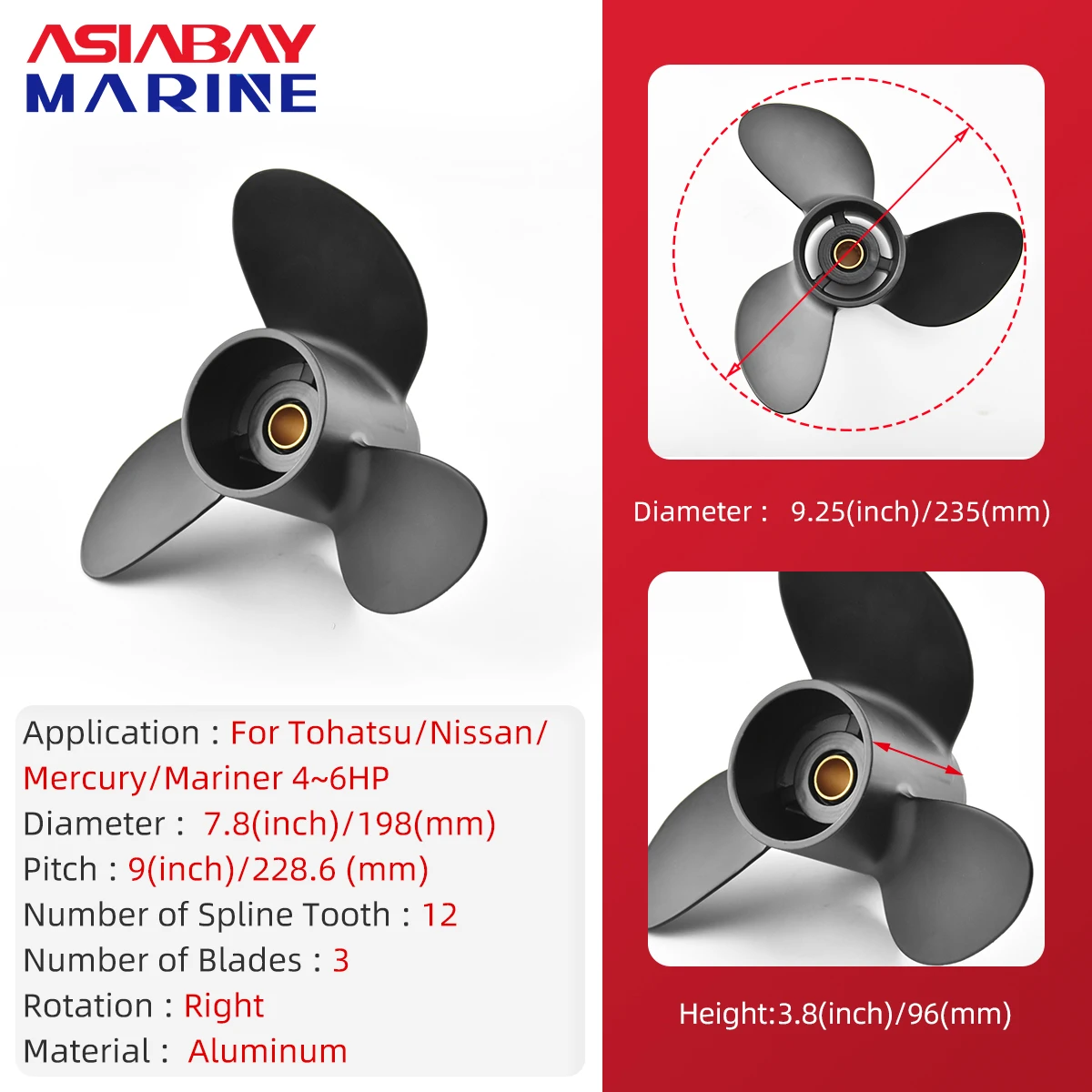 7.8x9 Aluminum Alloy 3-Blade Propeller 12-Spline Marine Engine Part for Tohatsu, Mercury, and Mariner 4-6HP Outboard Engines