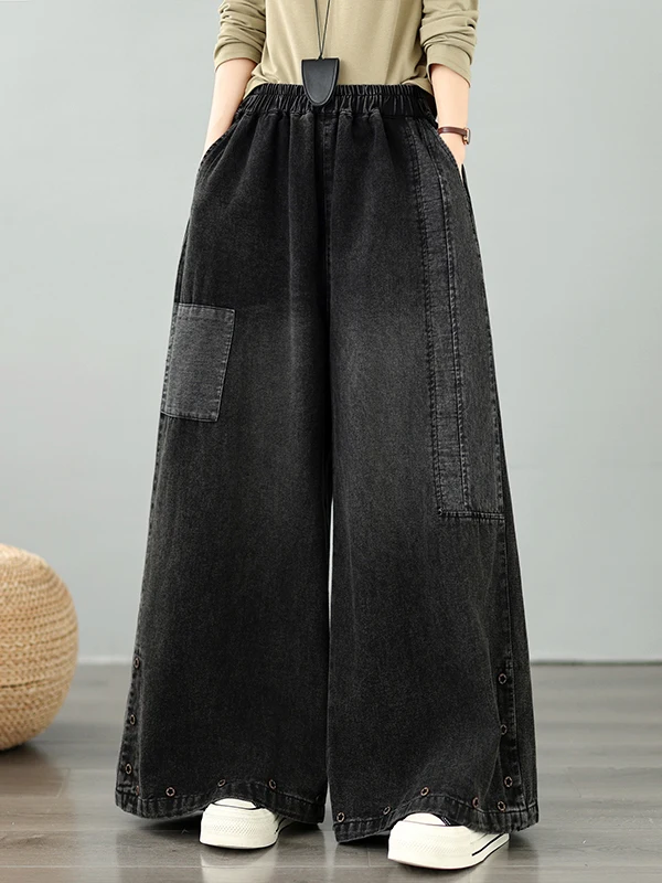 Casual High Waist Straight Leg Jeans Wide Leg Pants Patchwork Large Pockets Loose Fit Slimming Cotton Polyester Blend