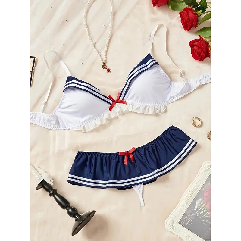 Erotic Sexy Student Uniform Bra And Panty Set Underwear Transparent Bra Exotic Sets Sexy Thong Woman Porn Lingerie Women Costume