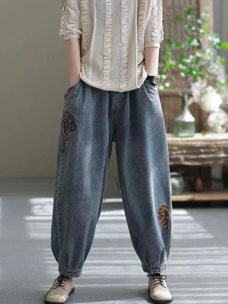 Y2k Style Casual Elastic Waist Embroidery New Jeans For Women Summer Loose Harem Pants Spring Korean Fashion Plus Size Clothes