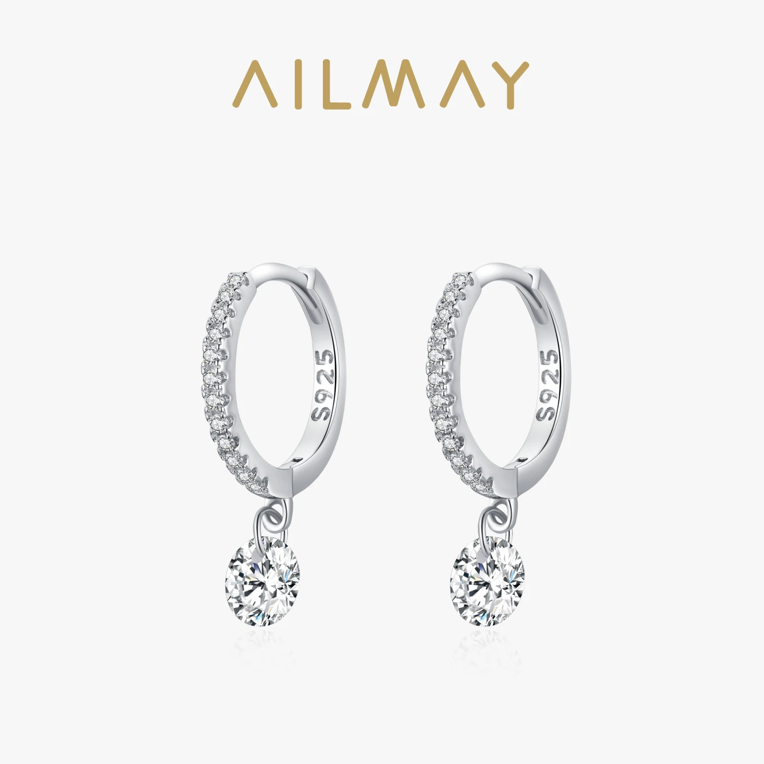 Ailmay Charm Round Clear Zirconia Hoop Earrings 925 Sterling Silver Sparkling Ear Buckles For Women Wedding Statement Jewelry