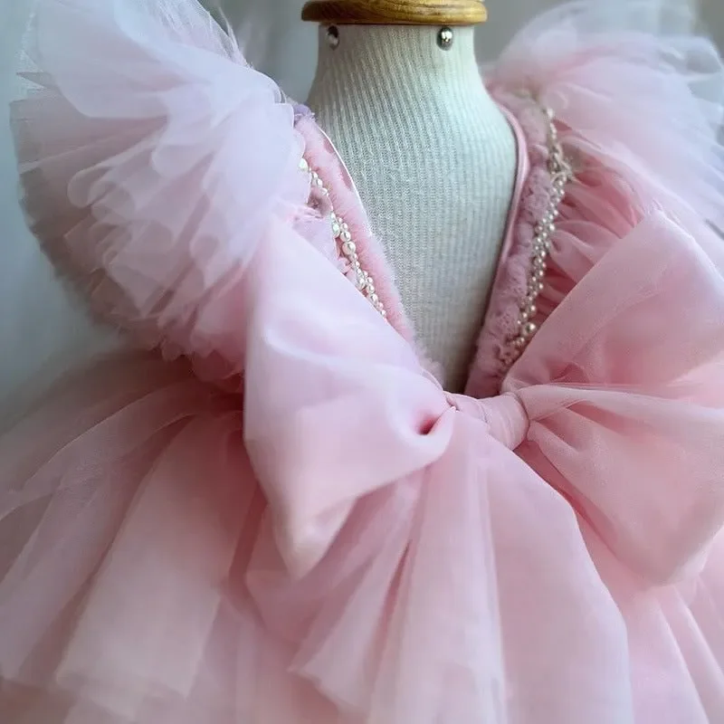 Flower Girl Dress Lovely Pink Exquisite Pleated Fly Princess Pearl Beading Appliques Vestidos Solid Mesh Floral Gowns