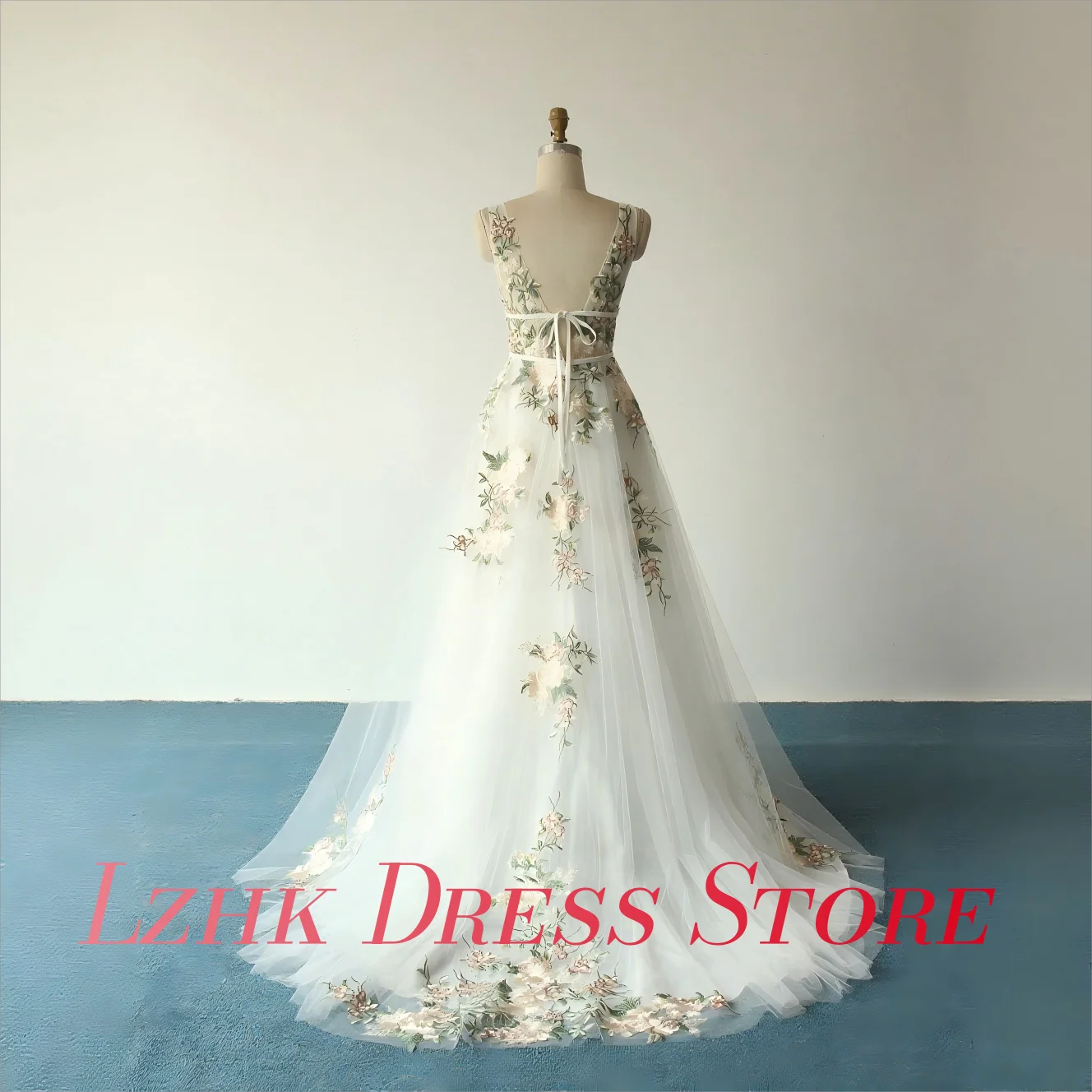 Personalizado Sexy Organza Apliques A-Line Vestido de Noite Gracioso Sem Mangas Com Decote Em V Até O Chão فستانmavera