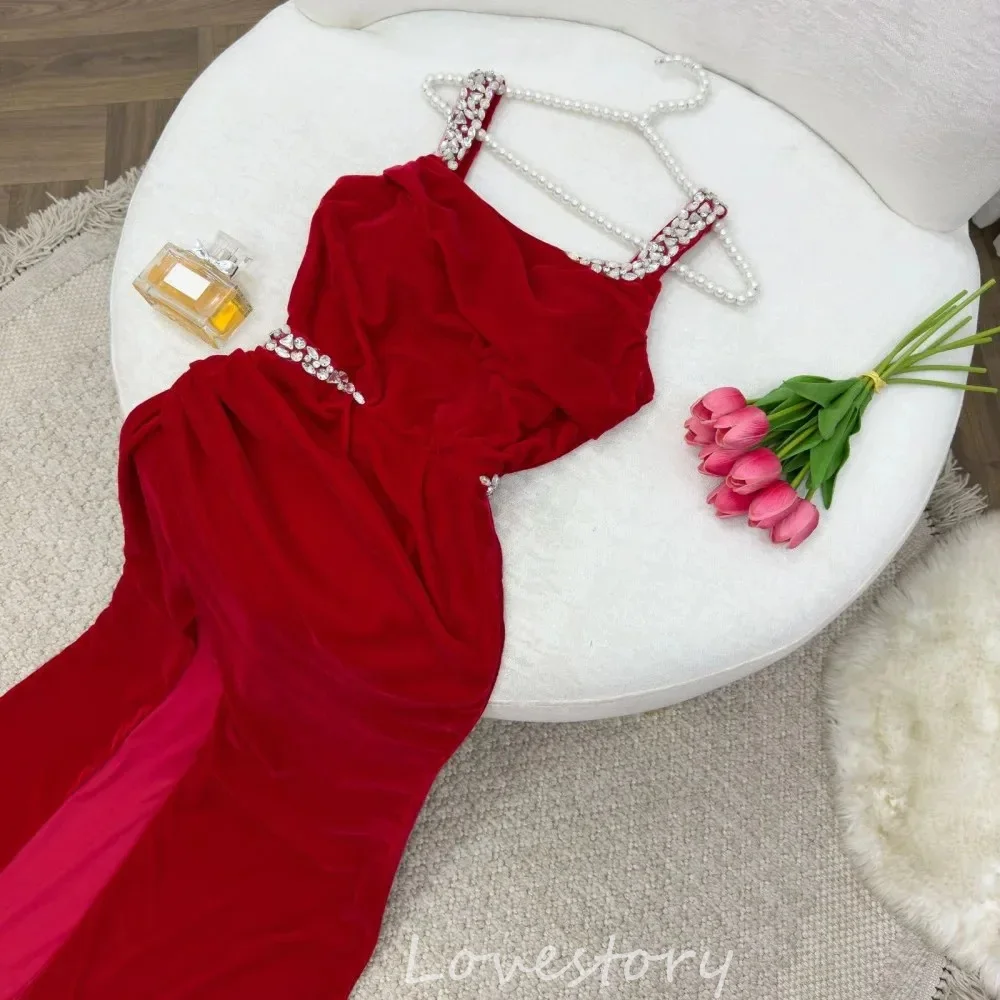 Customized Burgundy Velour Prom Dresses Spaghetti Strap Beaded Embroidery Evening Dress Side Slit Long Maid of Honor Party Gown