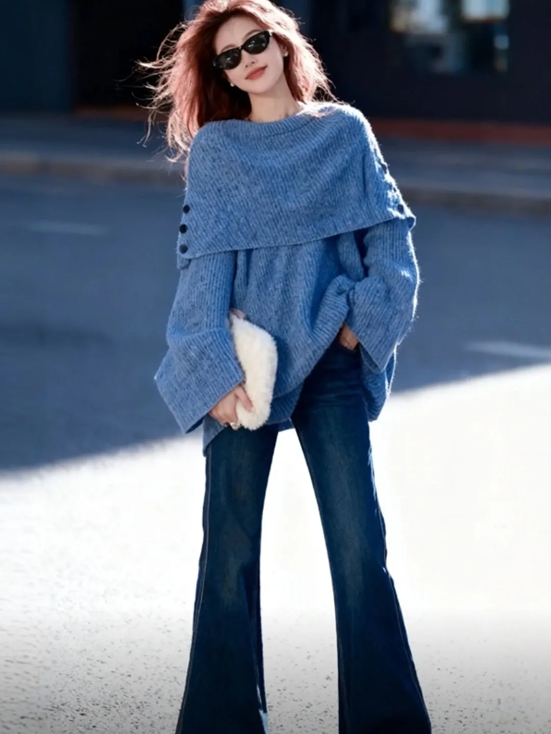 

Laid-ba Sle Unique Super Beautiful Loose Long Sve Sweater Small Faionable Trendy Blue Top Spring 2026 Women's Faion