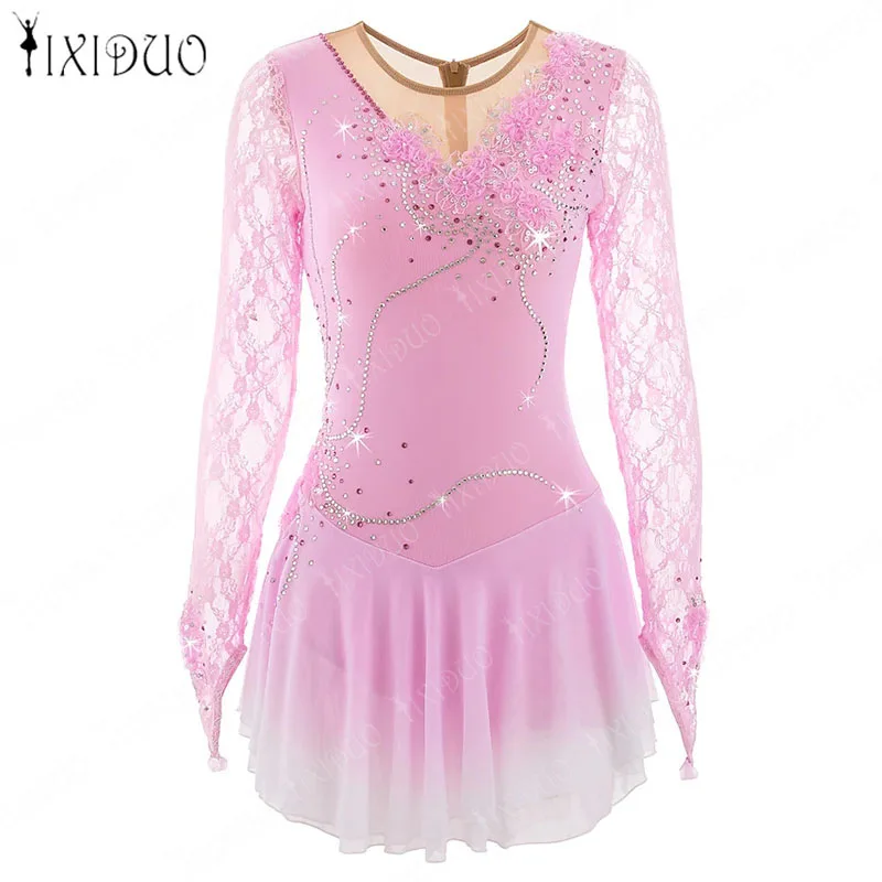 Figura Vestido De Patinação No Gelo Meninas Strass Malha Splice Manga Longa Vestido de Balé Ginástica Collant Traje Desempenho Clássico