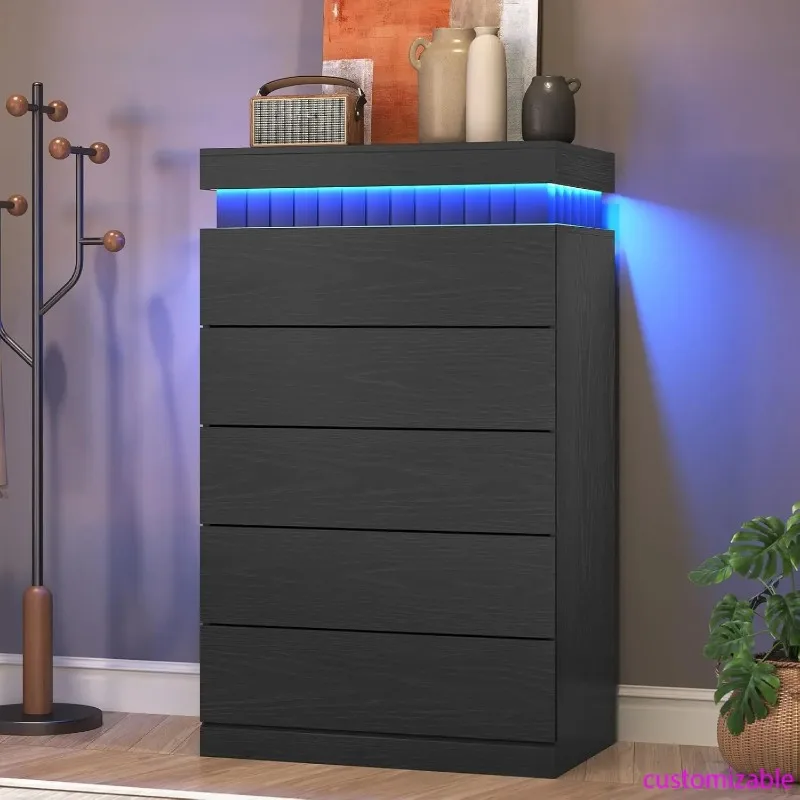 Tall Black Dresser for Bedroom, Modern 5 Wood Drawers with LED Light and Power Outlet, Floating Dressers for Closet