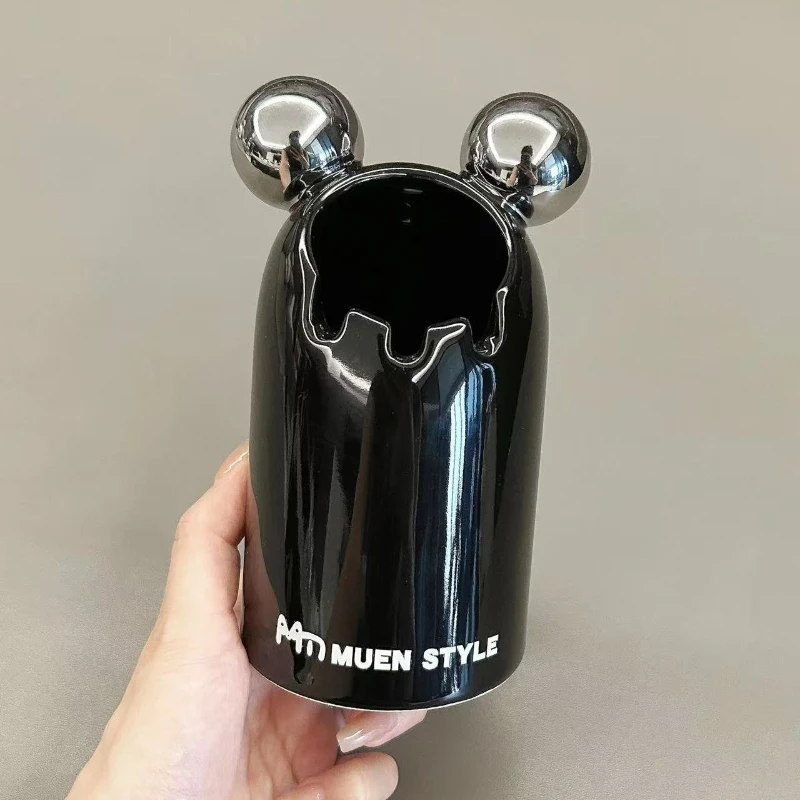 

15cm Practical Ornament Mickey Mouse Minnie Mouse Bow Luxurious Style Storage Box Black Makeup Brush Storage Tube Pen Holder