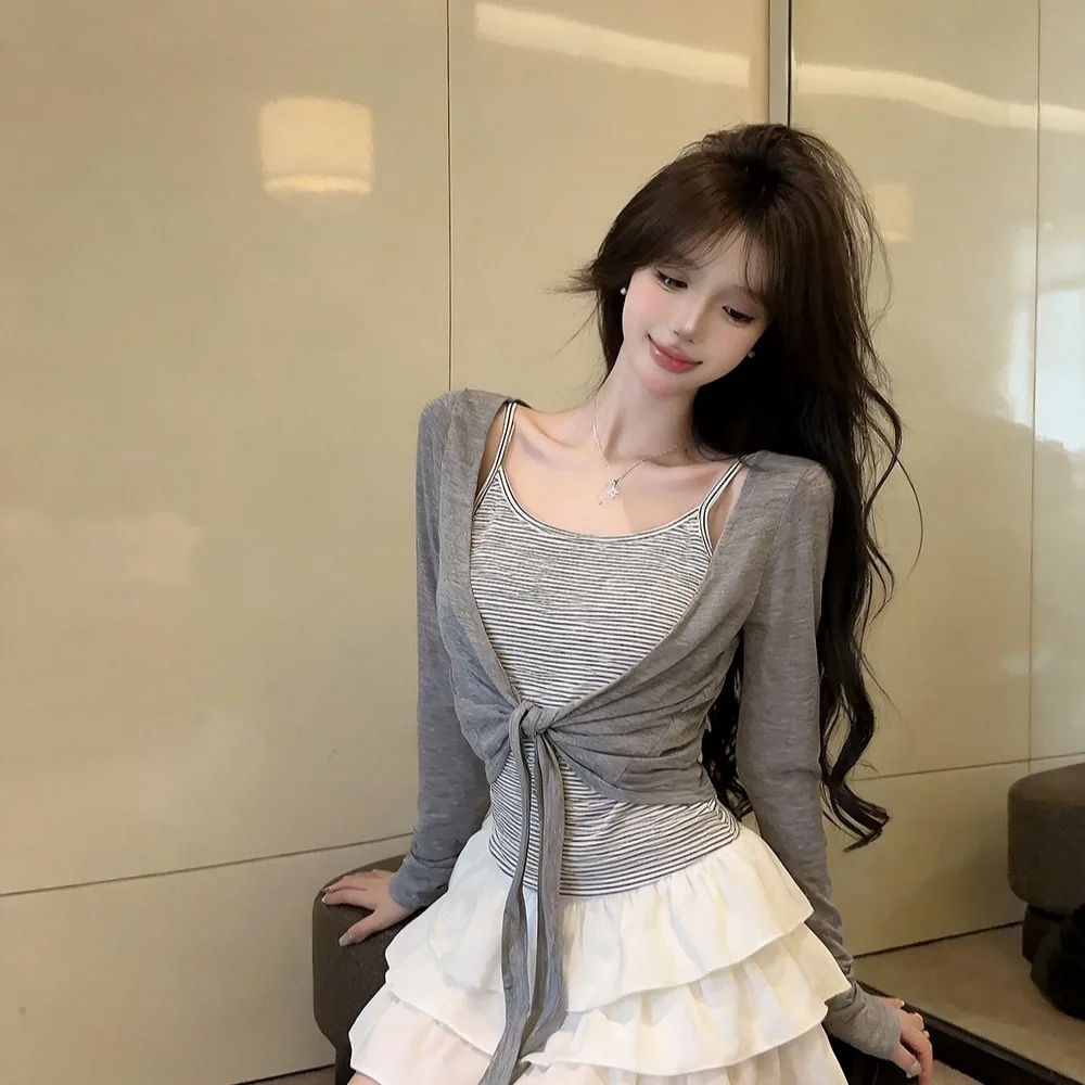 2026 Early Autumn Korean Style Striped Long Sleeve Sun Protection Open Cardigan Two-Piece Set Women's Top Casual Basic Cotton...