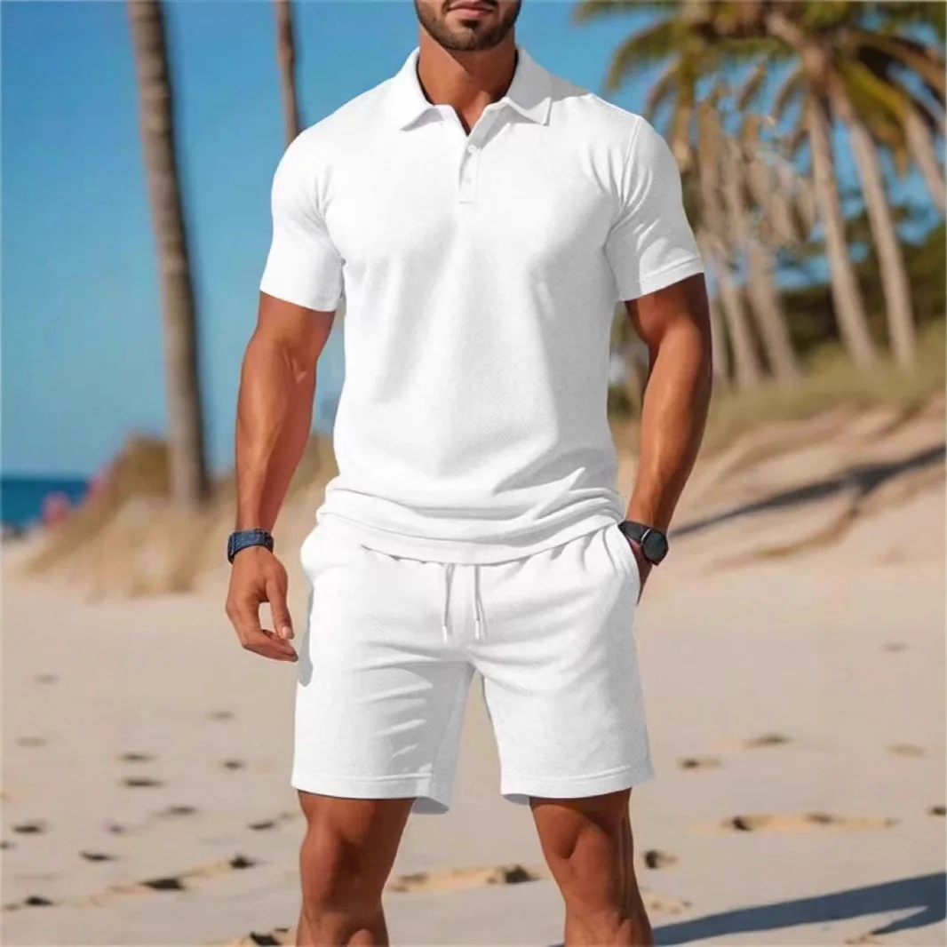 European Men's Short Sleeved Polo Shirt Shorts Set, Loose and Handsome Young Men's Short Sleeved Shorts Two-piece Set,