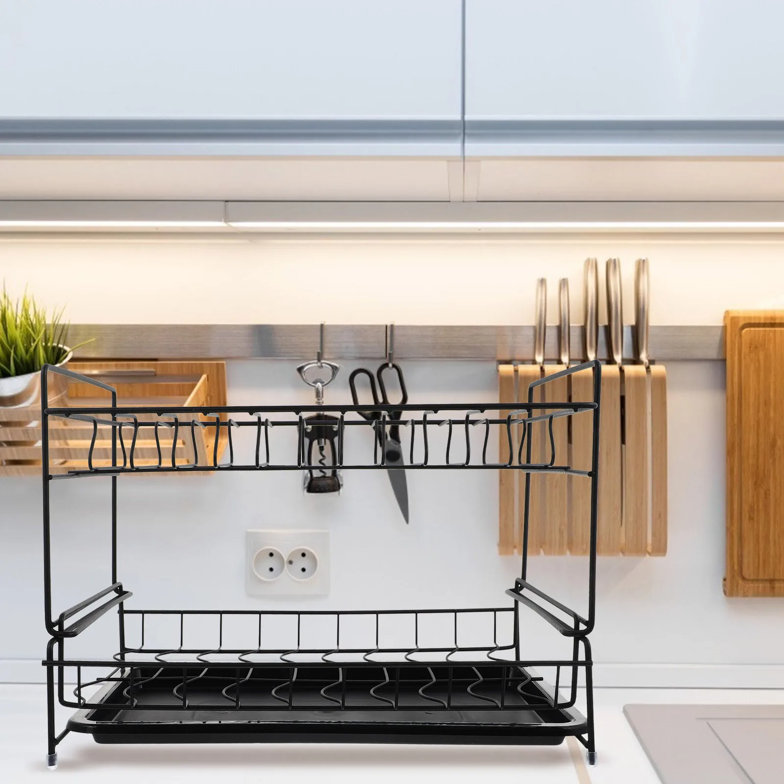 

1Pcs Double-Deck Kitchen Plate Holder Black Draining Bowl Rack Storage Shelf Multi-Functional Kitchen Organizer