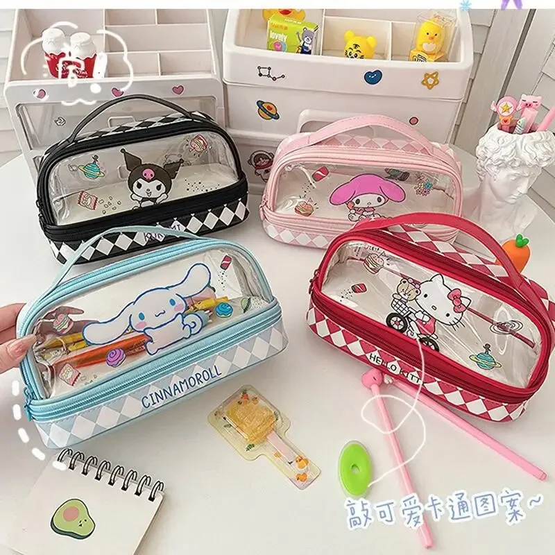 Sanrio Hello Kitty Portable Pencil Case Cute Anime Cartoon Kuromi Cinnamoroll Transparent Pencil Pouch Cosmetic Bag Child Gifts