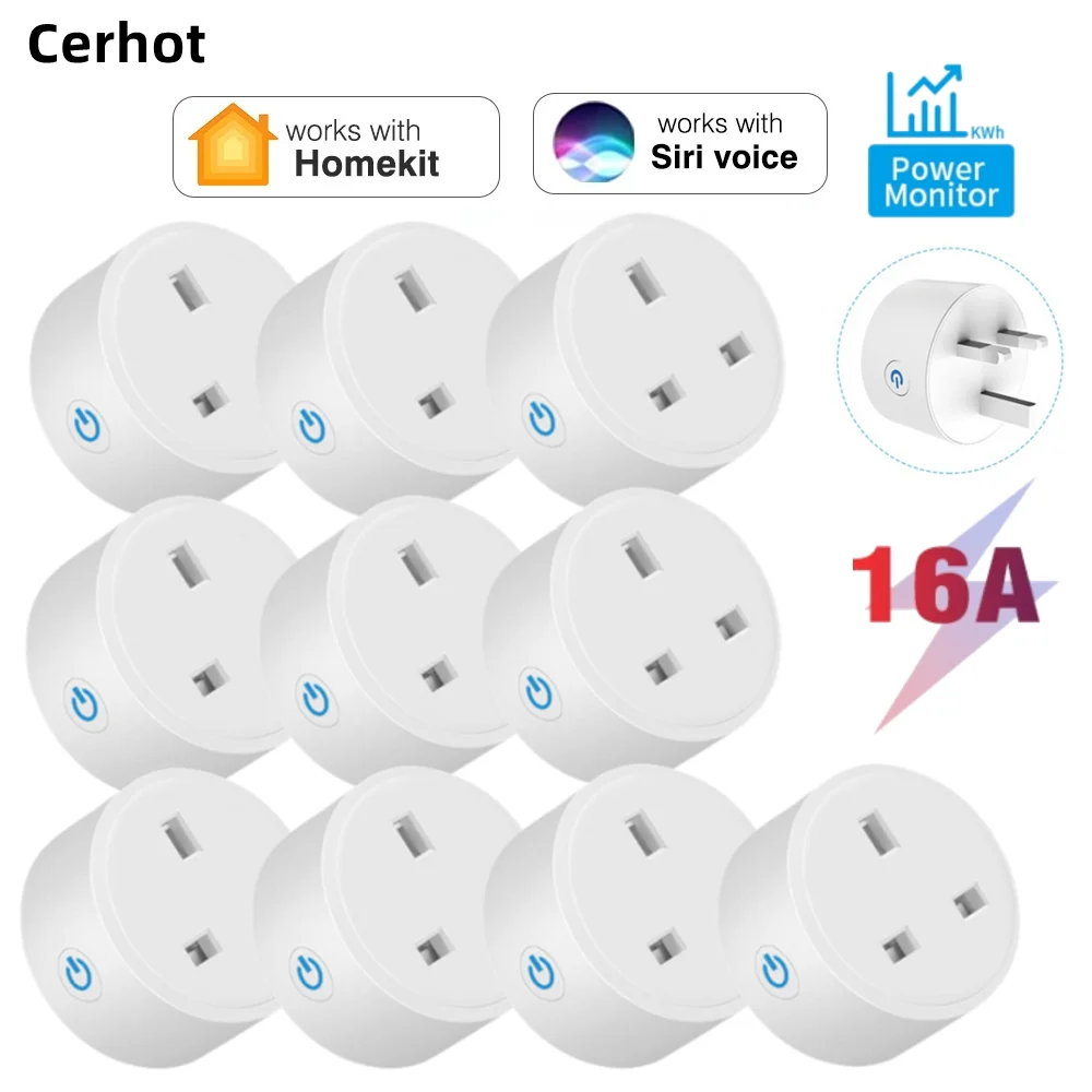 Cerhot Tuya ZigBee/WiFi/Homekit Plug Smart Socket Power Monitor WiFi Plug UK Socket 3pin Outlet Adapter with Energy Timer Voice