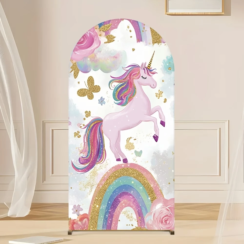 

Custom 2-sided Unicorn Themed Children Happy Birthday Party Banner Backdrop Rainbow Flowers Cake Dessert Table Arched Background