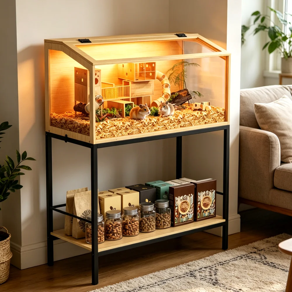 Large Elevated Wooden Hamster Cage with Storage Shelf Pet Small Animal Cage Habitat Built-in LED Light for Hedgehog Rodent Mice