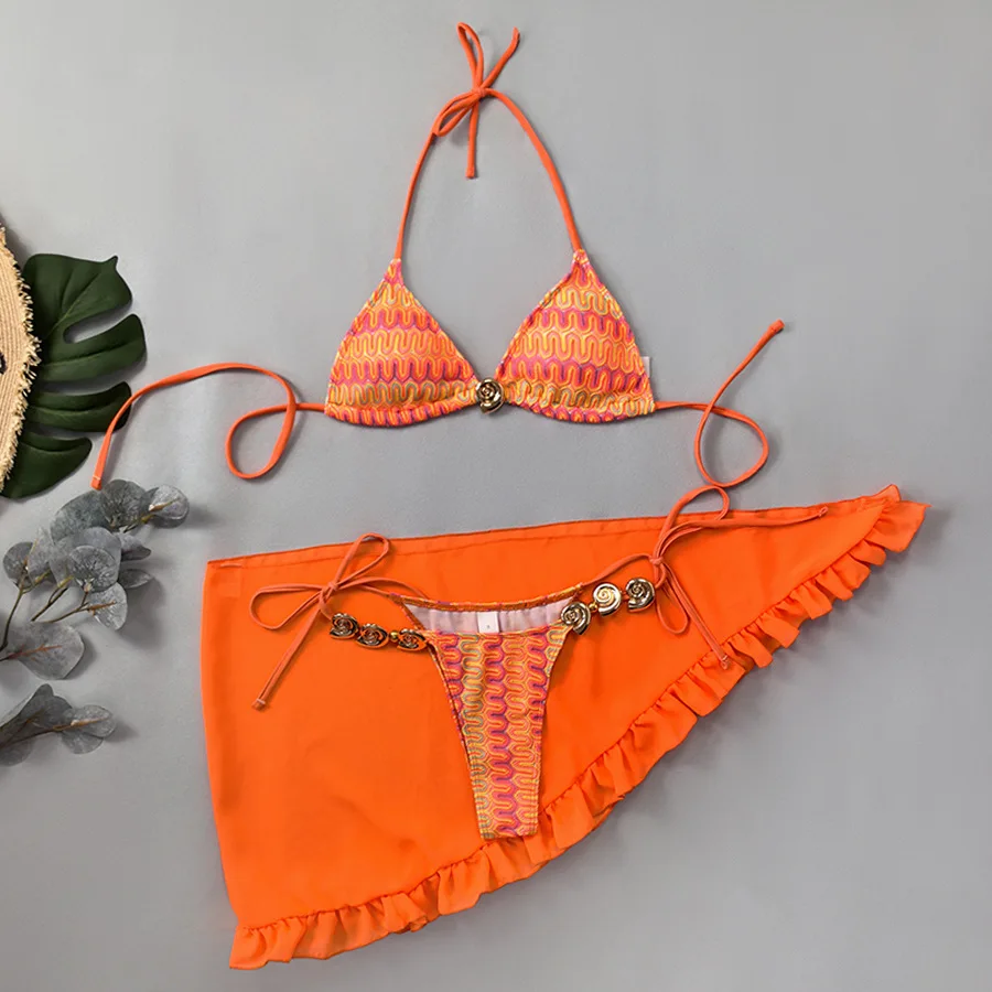 sexy orange knit wave patchwork halter tie bikinis sets 3pcs with ruffles cover skirt swimwear bathing suit swimsuits tankini