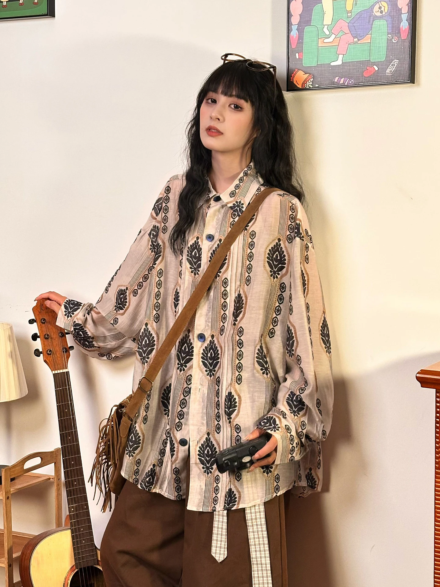 

Оригинальная женская повседневная блузка свободного кроя с длинными рукавами и цветочным принтом, модная осенняя одежда из полиэфирного волокна