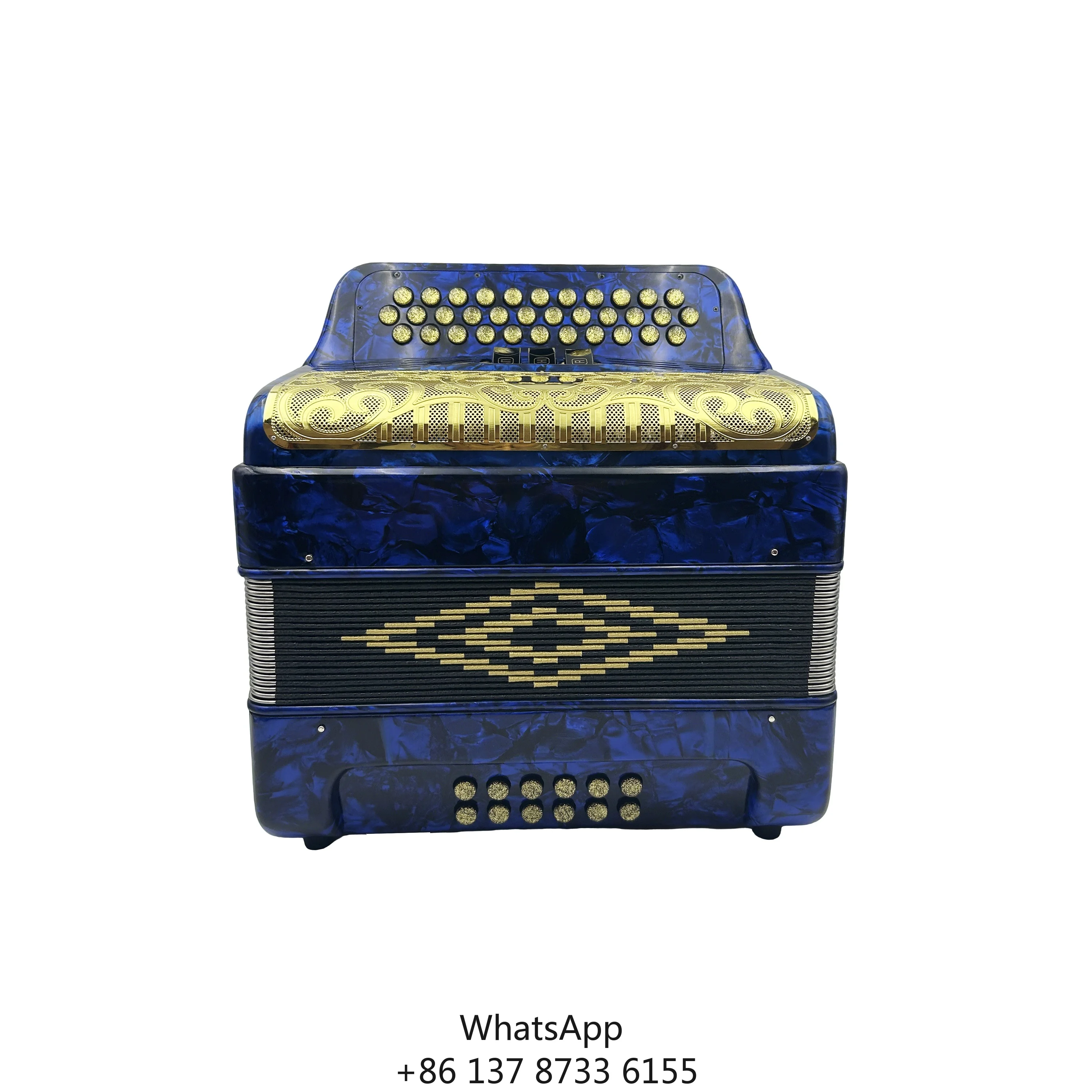 

Professional Diatonic 34-Button 12-Bass 3-Register Blue Celluloid Accordion Gold Grill Gold Buttons JB3412C Acordeon