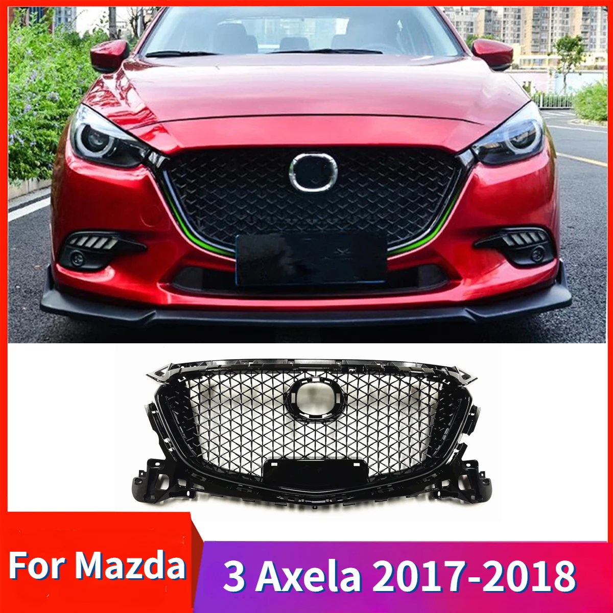 

Car Front Grille Grill for Mazda 3 Axela 2017-2018 Upper Bumper Hood Mesh Auto Part Honeycomb Style Accessories Kit Glossy Black