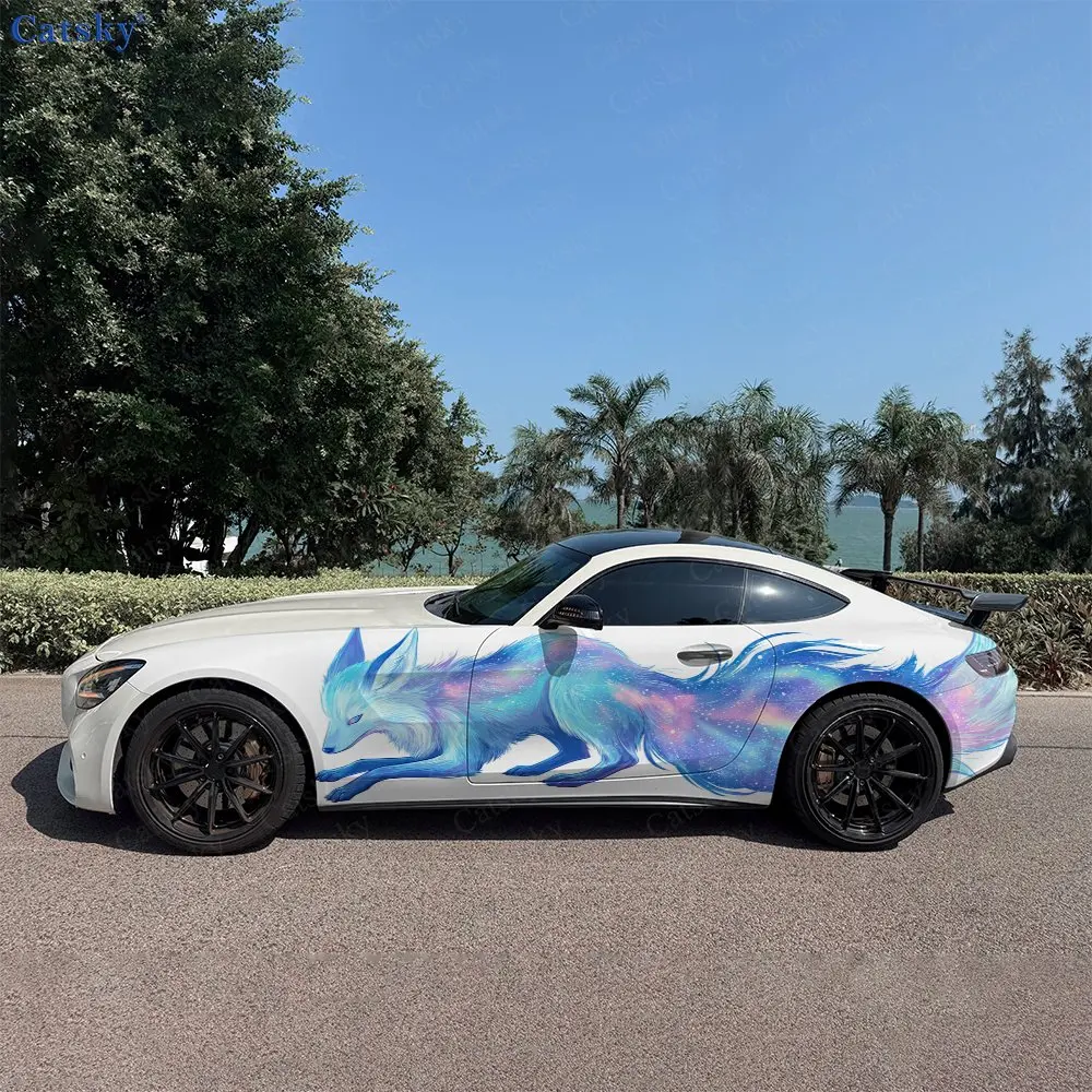 Blue Streamer Nine-tailed Fox Car Side Wraps, Self-Adhesive PVC Waterproof & Scratch-Resistant Stickers, Car Accessory Gift