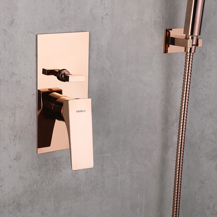 Concealed Shower Mixer Faucet Luxury Polished Rose Gold Brass Wall Mounted Square 2 Way Diverter Bathroom Handheld Soft Rain