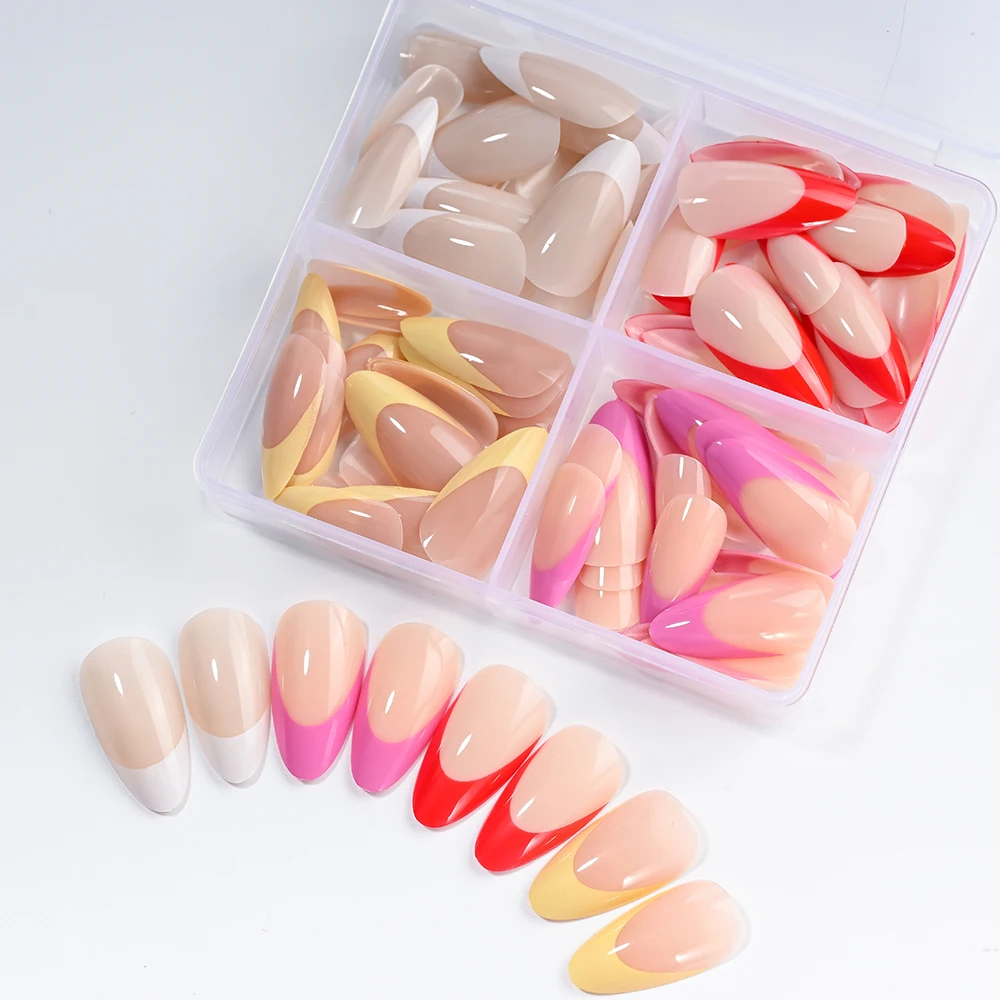1 صندوق الأبيض الفرنسي اللوز الأظافر شفافة عارية الوردي الأحمر الأصفر الأرجواني منحني أطراف الأصابع اضغط على الأظافر أنيقة النساء الأظافر وهمية #6