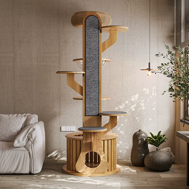 Platform Solid Wooden Frame Pet Scratching Board Kraft Paper Rope Pole Sisal Post Rubber Wood Cat Tree Tower