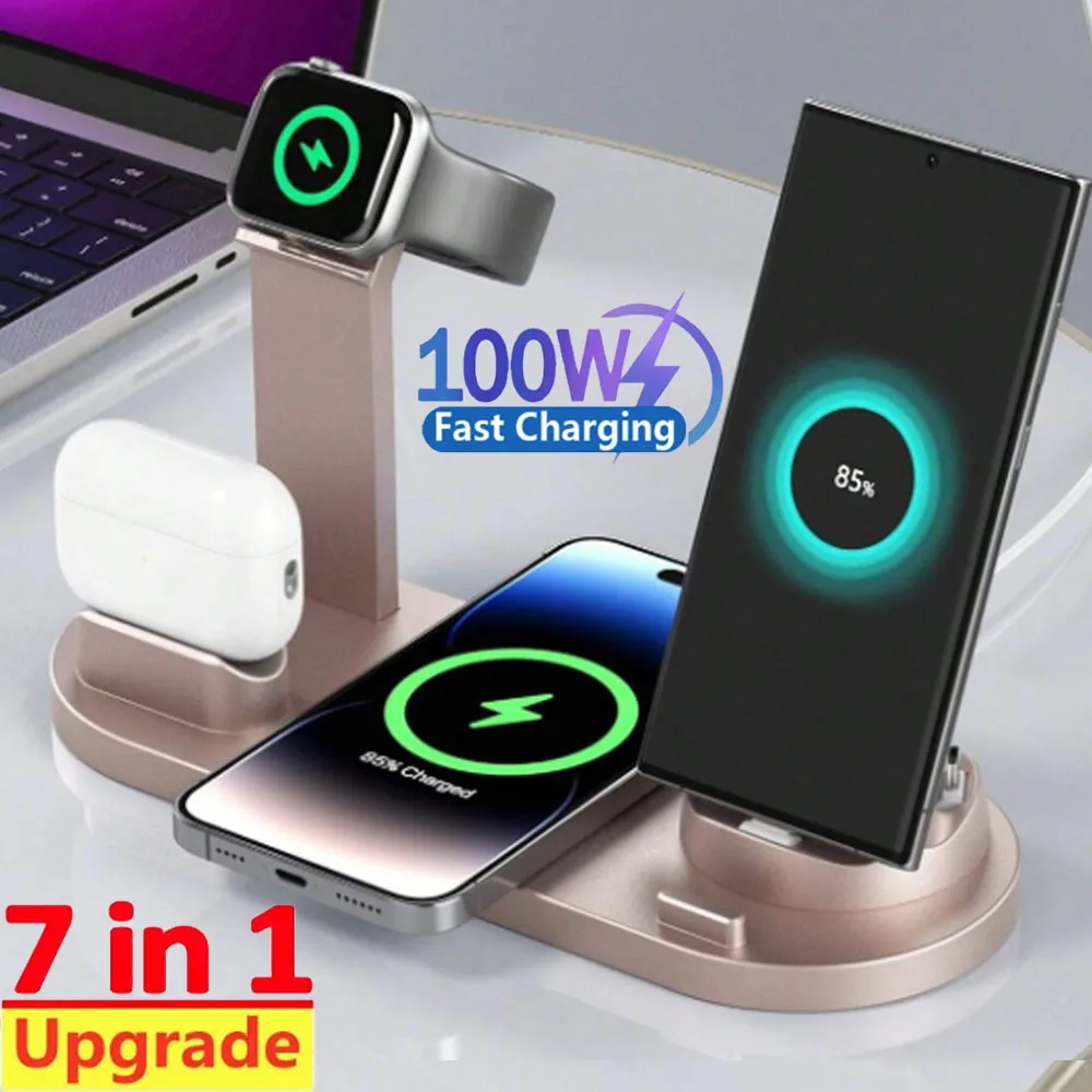 7 In 1 Wireless Charger Stand Pad สําหรับ iPhone 15 14 13 12 11 X Apple Watch Airpods โต๊ะเครื่องชาร์จโทรศัพท์ Fast CHARGING Dock Station