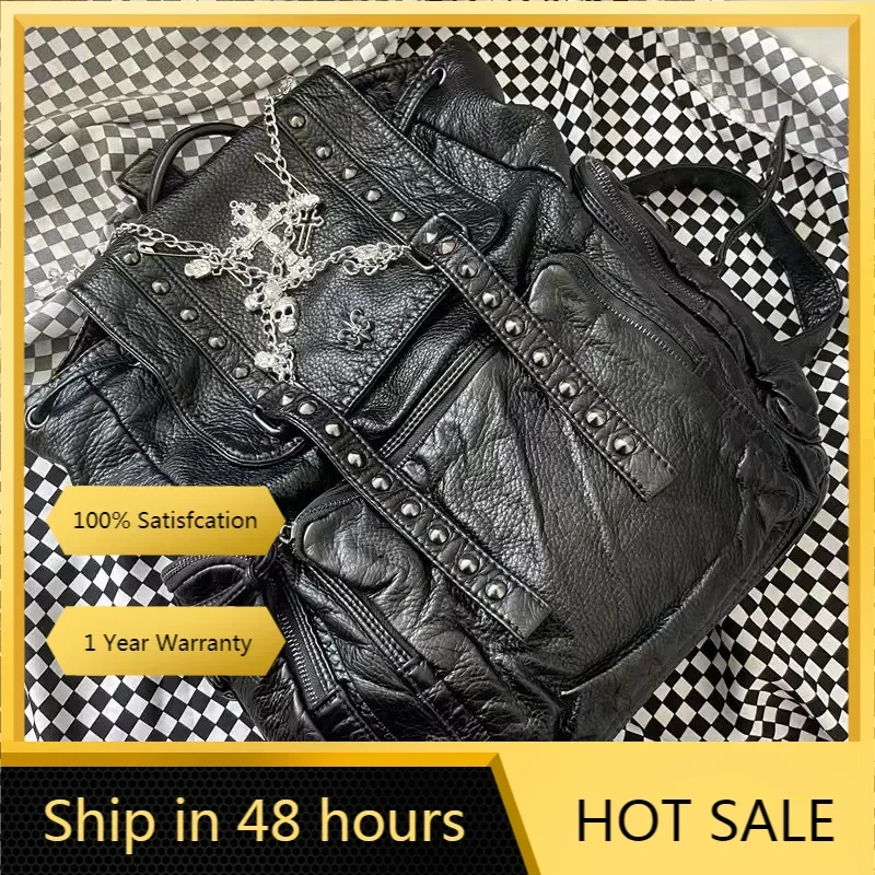 

Роскошный рюкзак Y2k для женщин, черная школьная сумка в стиле панк с заклепками и цепочкой, Модные Женские портфели из искусственной кожи с перекрестным скелетом
