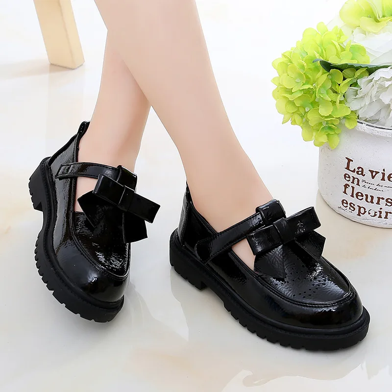 Kids Leather Shoes Girls Oxfords Leather Flats T-strap Children\'s Shoes Cut-outs Breathable Anti-slip British Vintage Style Bow