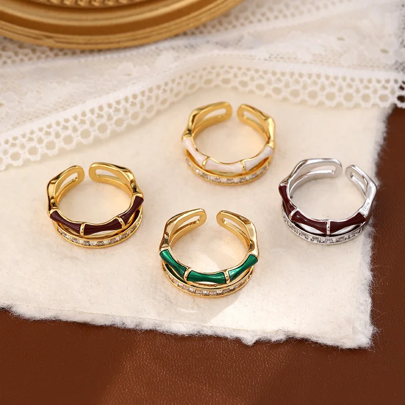 

2025 Bamboo Joint Ring Gold Plated Copper Adjustable Open Band with Zirconia Minimalist Oriental Jewelry for Women