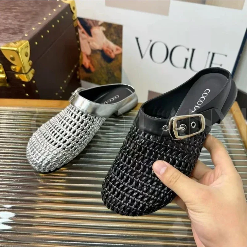 

Women's Flat Slippers Cover Toe Weaving Grid One Kick Women Shoes Breathable Anti-slip Belt Buckle New Retro Zapatillas De Mujer