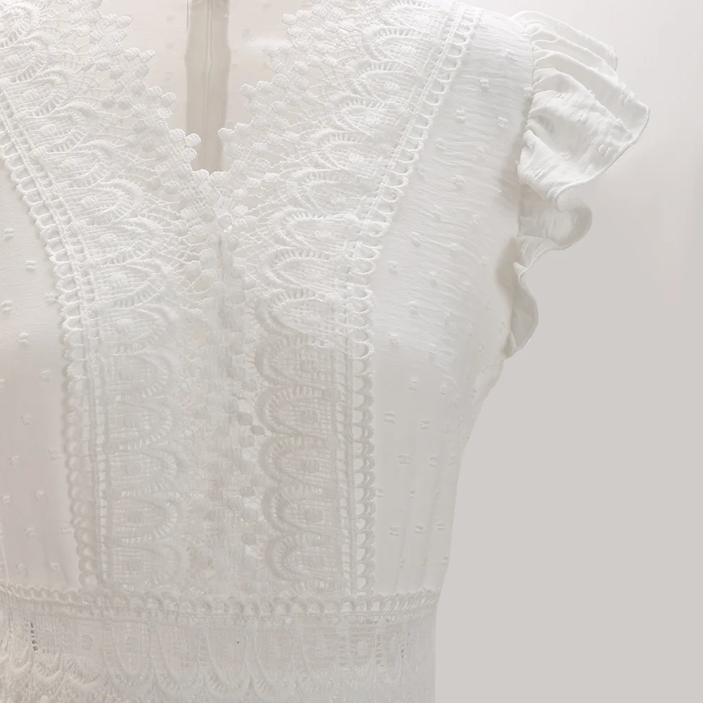 Sukienki Letnie Francuskie Gładkie Żakardowe Krótkie Falbanki na Ramionach Dekolt w Serek Marszczenie Falbana Mini Rozkloszowane Sukienki dla Kobiet