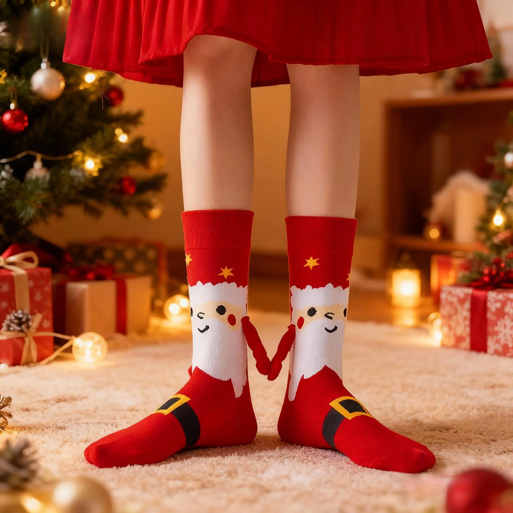 4/2 Pairs of Randomly Assorted Styles of Christmas Magnetic Grip Socks for Women, Mid-Calf Length, Cute Couple-Themed Socks for Autumn and Winter (Christmas Tree, Santa Claus), Suitable for Women and Couples, Satisfyin