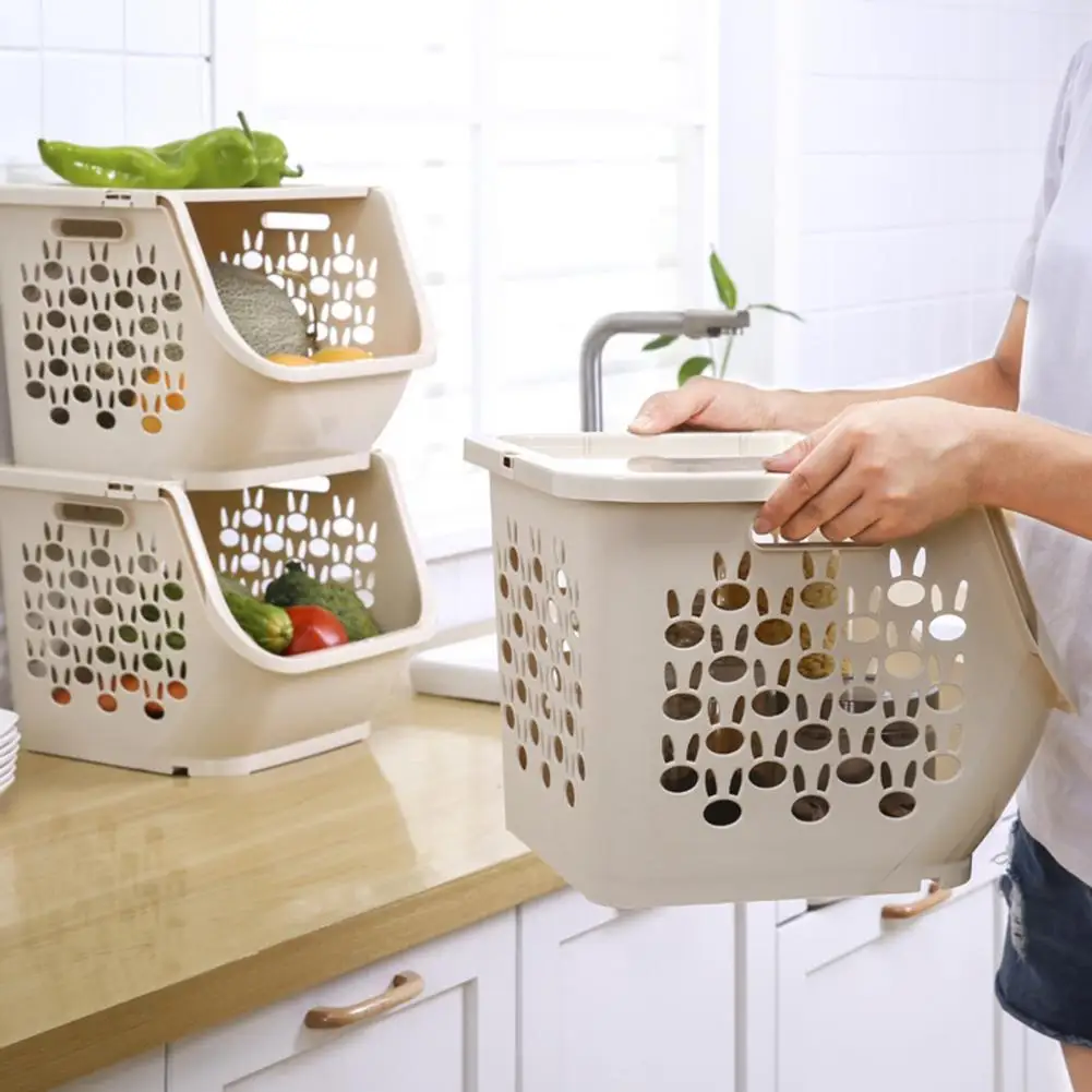 Kitchen Vegetable Fruit Organizer Shelf Stackable Space-saving Carry Handle Hollow-design Storage Basket with Lid Home Supplies