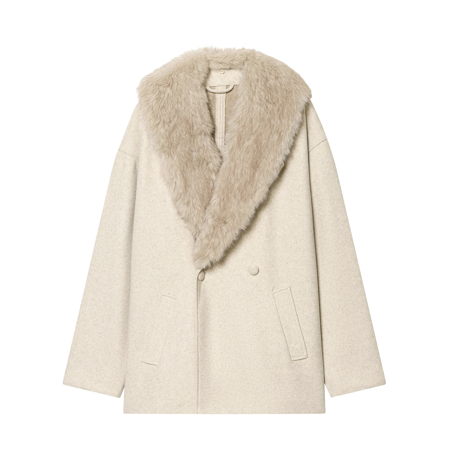 Nowa kolekcja zimowa 2025: Damski płaszcz w stylu europejskim z futrzanym kołnierzem, długi, zapinany na podwójne guziki, elegancki.