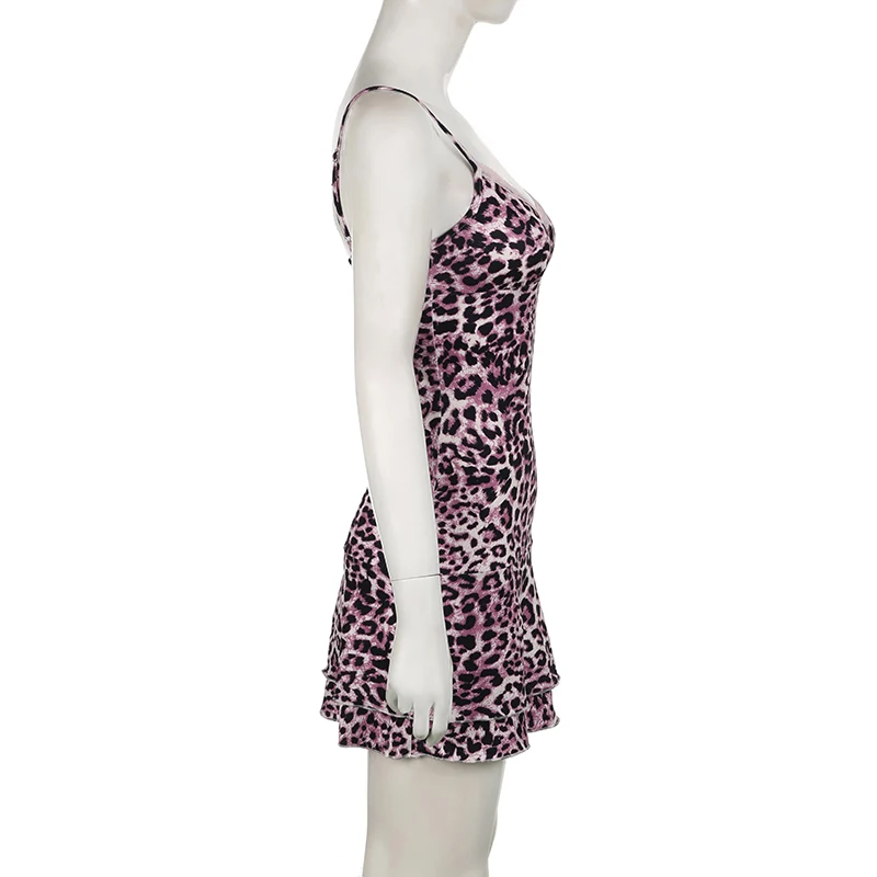 BIKPIIK-Mini vestido de leopardo com retalhos de renda feminino, alça de espaguete rosa, corte baixo, vestido deslizante em camadas, casual slim fit, moda feminina