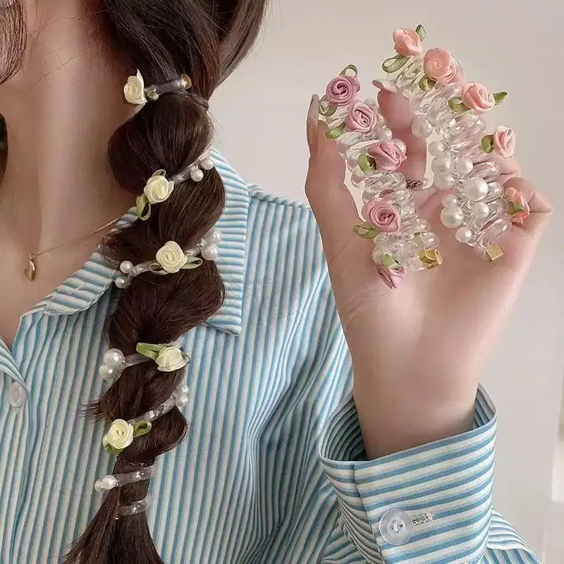 New Sweet Butterfly Rose Bead Phone Line Hairband Ponytail Bubble Braid Artifact Braiding Rope Hair Tie Headwear