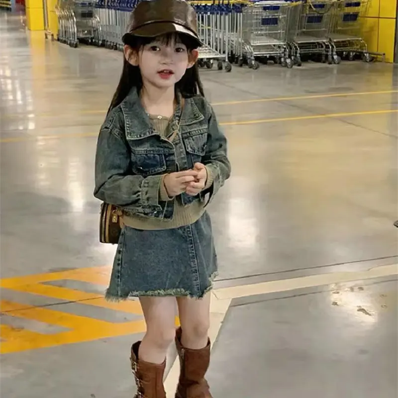 Girls' Set Washed Old Fashionable Denim Jacket with Skirt 2025 Spring and Autumn New Style Japanese Street Denim Jacket Suits