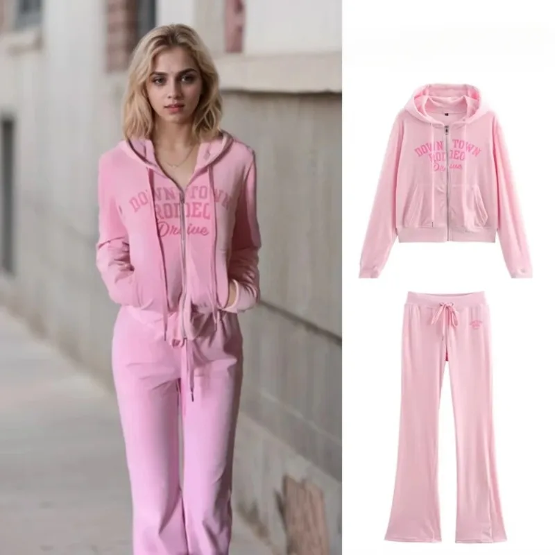 

LISM Women's tracksuit Pink Velvet Hoodie Set Women 2025 outfit Slim Fit Tracksuit Casual Sporty Two Piece Outfit Lounge Wear