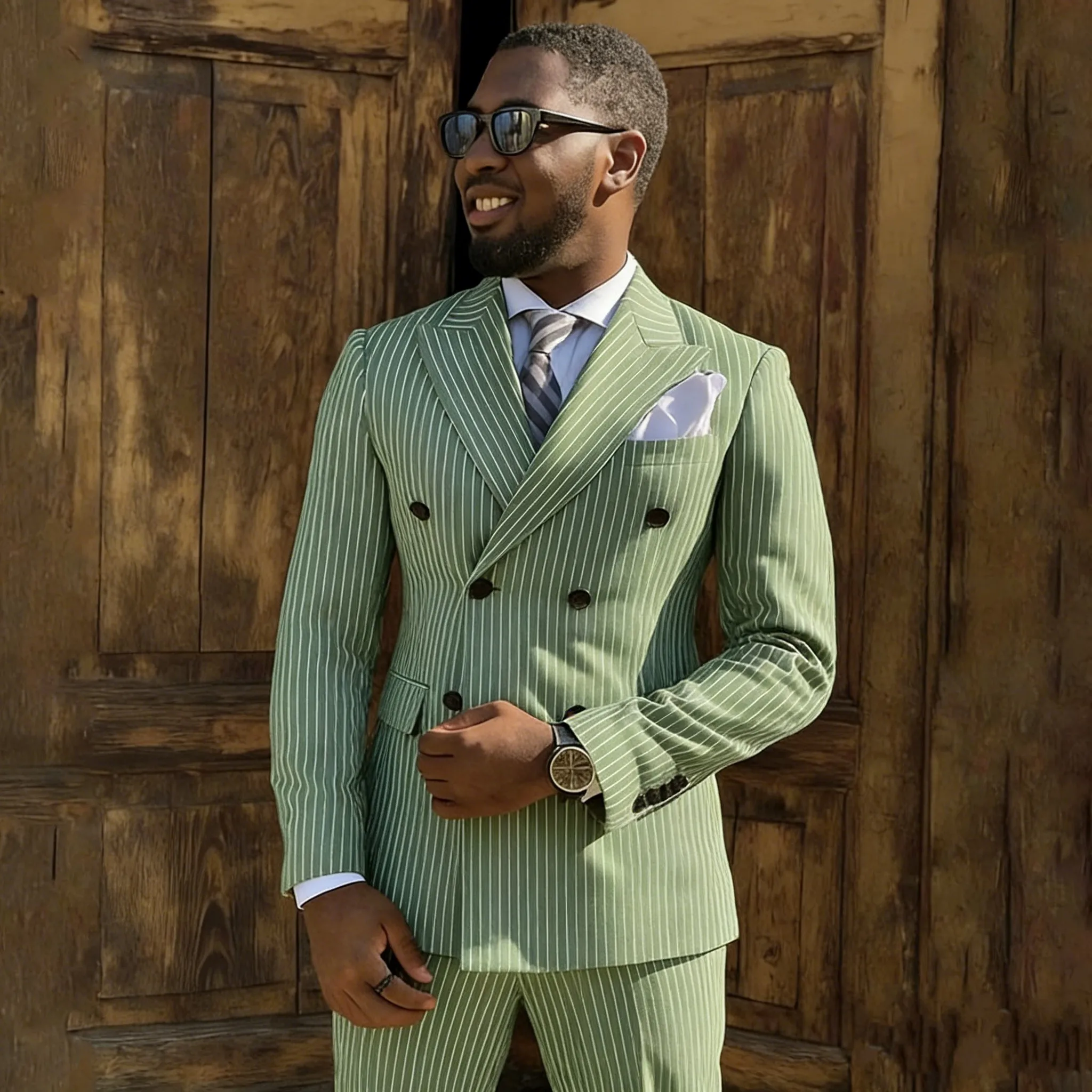 

Мужские костюмы с зелеными полосками, 2 предмета: пиджак с острыми лацканами и двубортный, повседневный, деловой, для свадьбы, вечеринки, смокинг, на заказ, пиджак и брюки