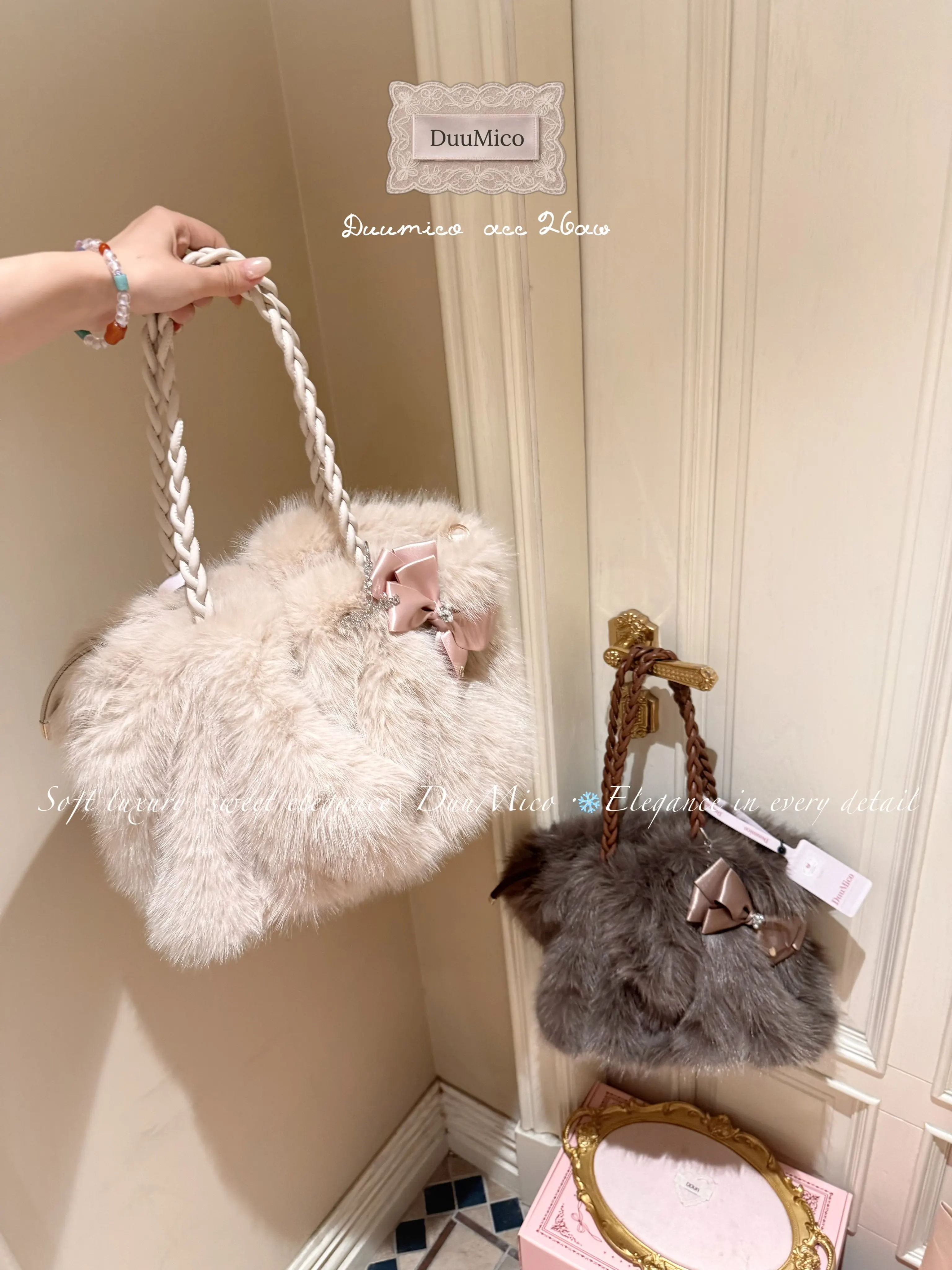 Sweet Lol Imitation Fur Tote Bag Harajuku Soft Plush Satin Bow Rhinestone Decorative Woven Handbag Daily Versatile Shoulder Bag
