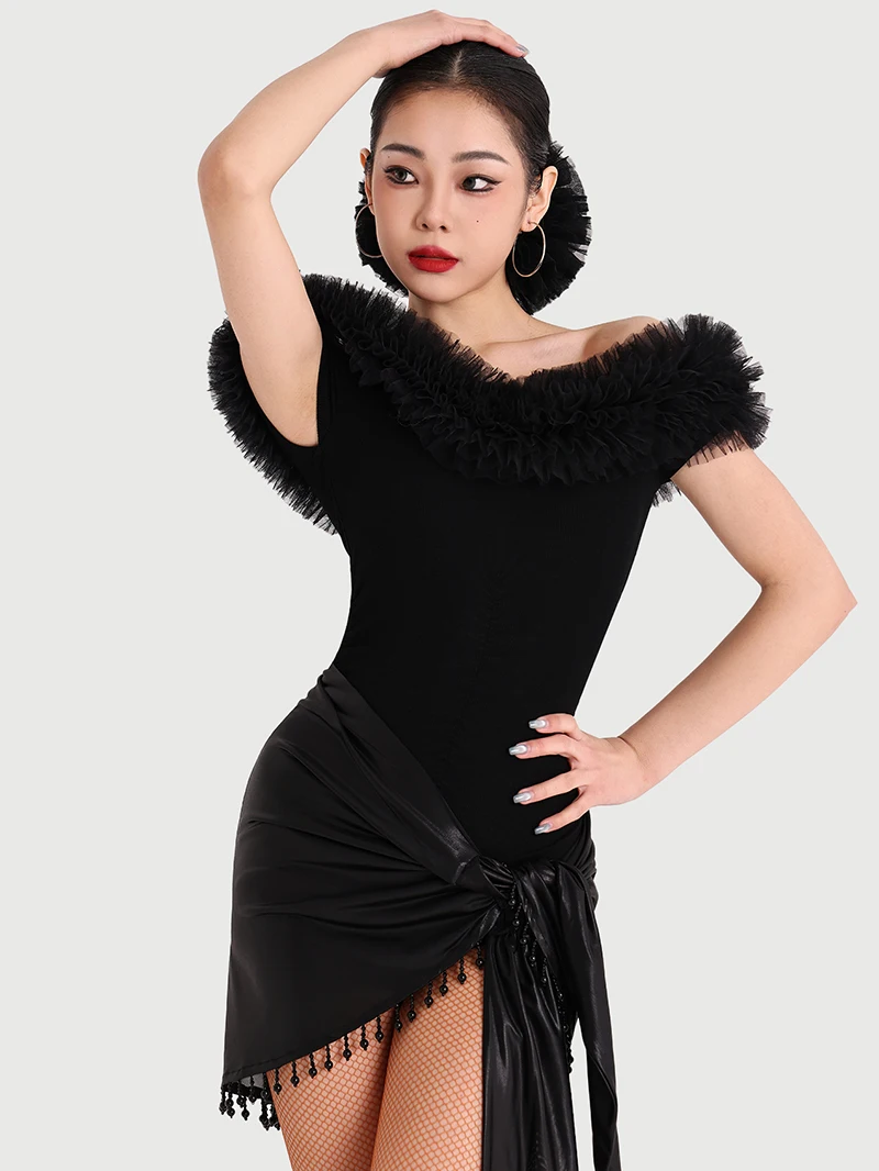 Ladies Latin Dance Tutu Mesh Bodysuit and Bright Armband Skirt Adult Practice Rumba Cha Cha Women Ballroom Competition Dancewear