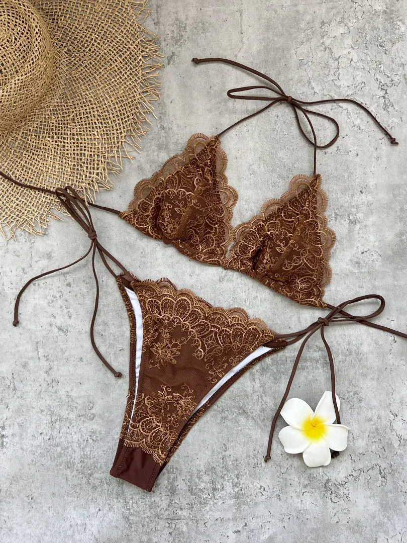 Vintage Halter Lace Bikini Women's Swimsuit Fashion Lady Triangle Low Waist Biquini Swimwear Mujer Bathing Suit Female Beachwear