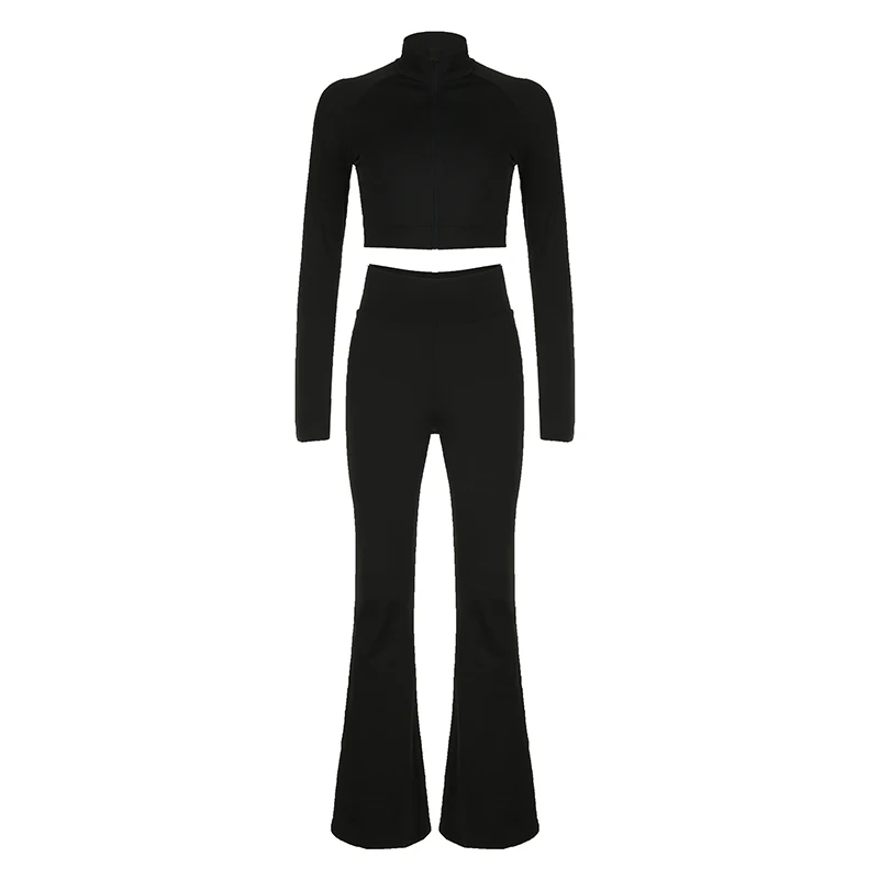 BIIKPIIK Casual Zip Up Black Yoga Women Sets Sexy Crop Top + Basic Elastic Waist Flare Pants Autumn Concise Suit Elegant Outfits