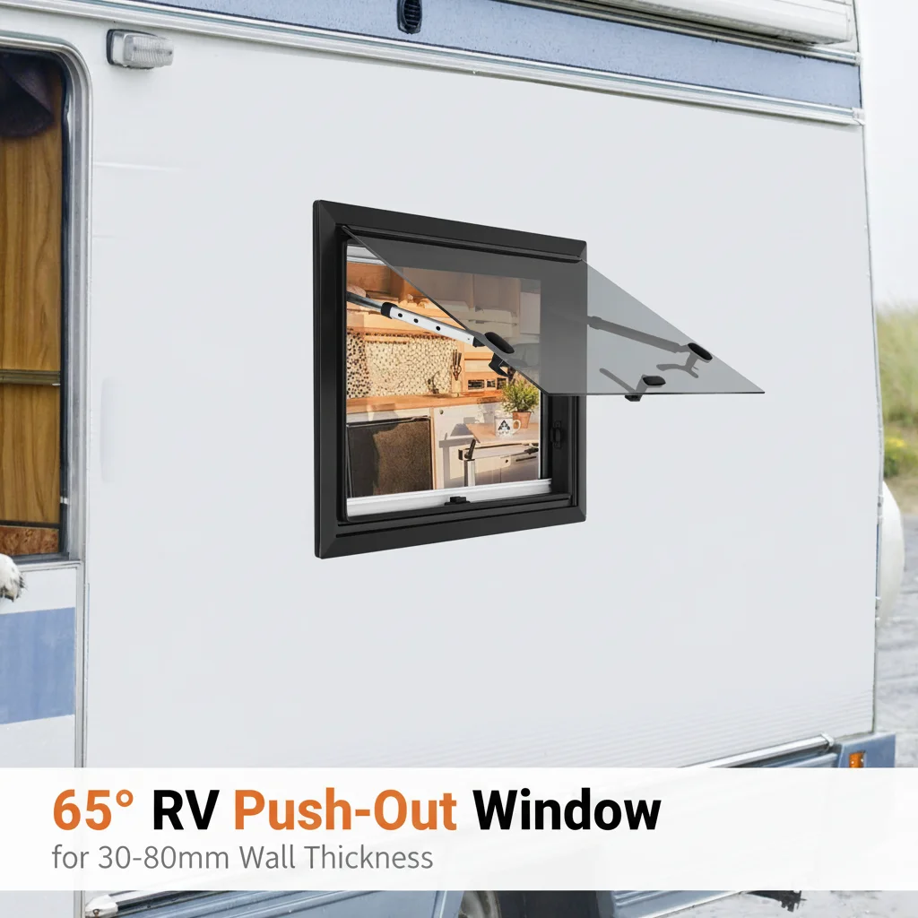 

65° RV Push-Out Window Aluminum Alloy Motorhome Ventilation Window Lockable Camper Window for 30-80mm Wall Thickness
