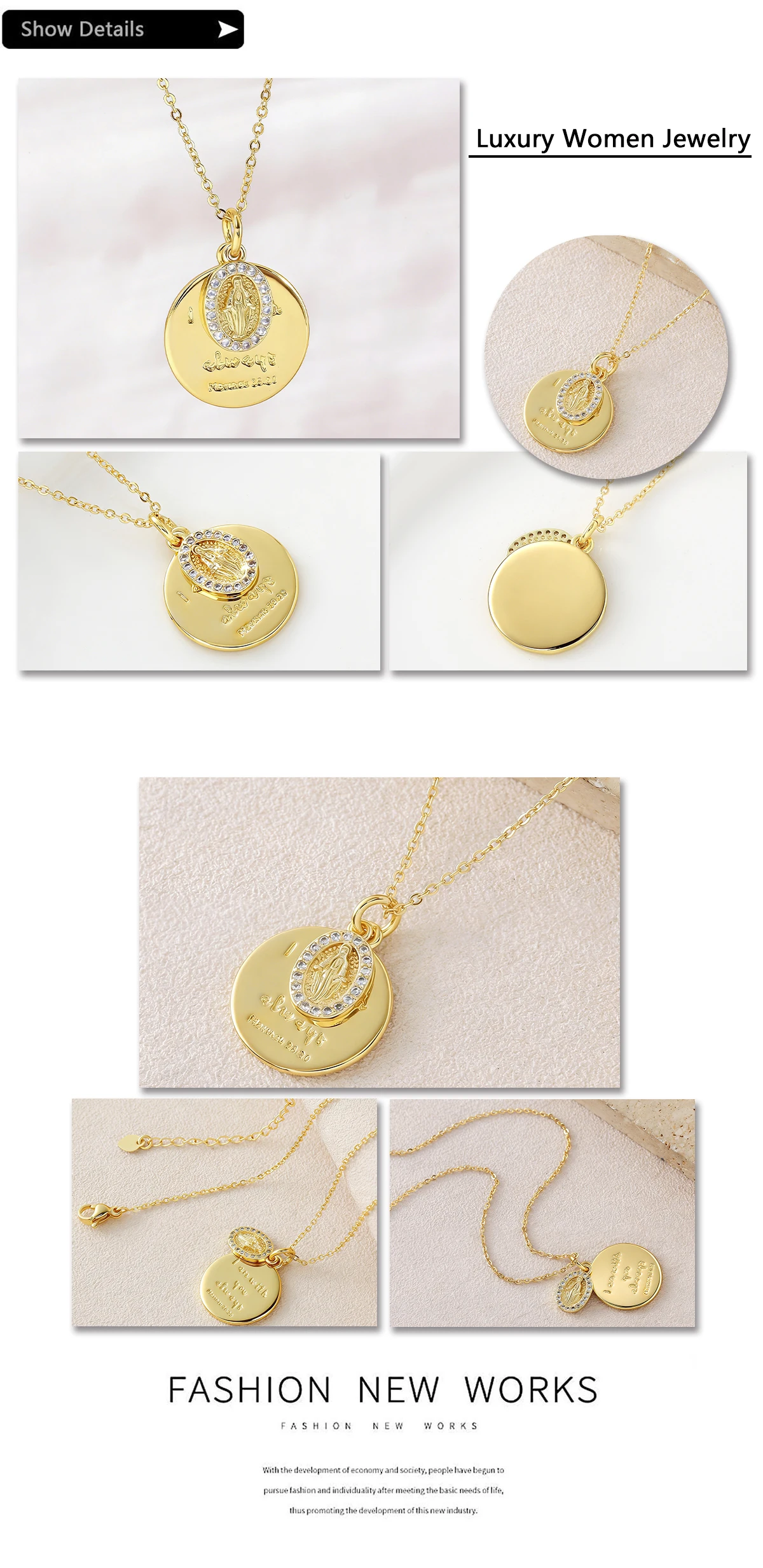 MHS.SUN Vintage-Halsketten mit kubischem Zirkon und Jungfrau-Maria-Anhänger, vergoldet, runder Anhänger, Choker-Ketten, Schmuck, Geschenk für Damen und Herren – Detail 16