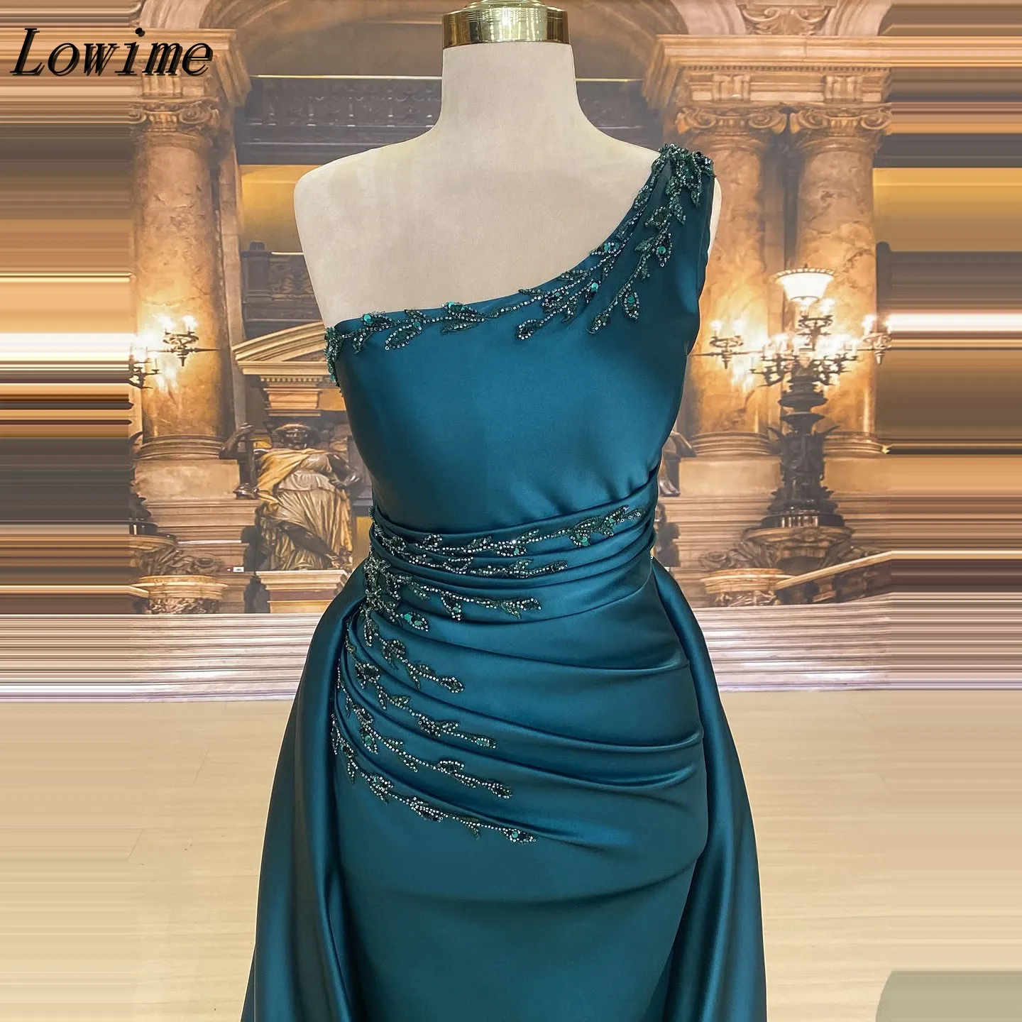 Customized Peacock Blue Arabic Dubai Beading Handmade Prom Dress With Train Simple One Shoulder Formal Evening Party Dress